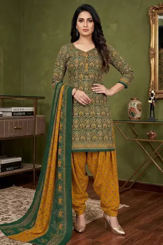 Green printed cotton blend stitched ethnic motifs print salwar kurta dupatta for women