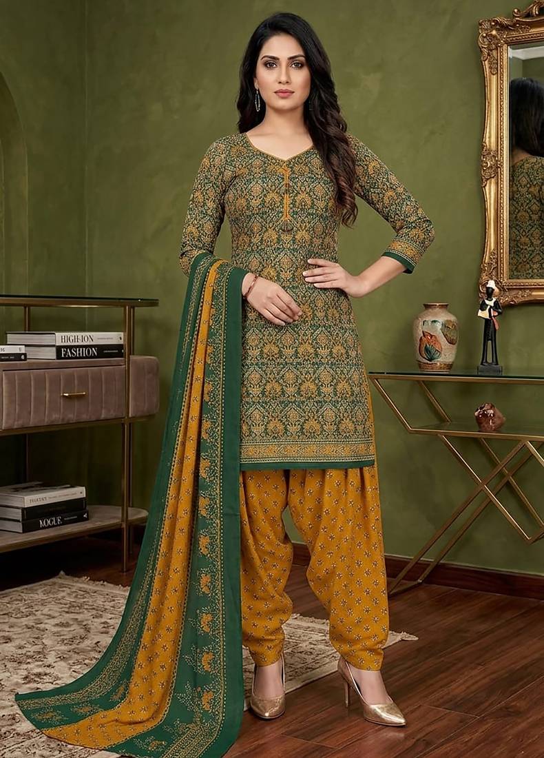 Green printed cotton blend stitched ethnic motifs print salwar kurta dupatta for women