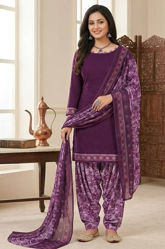 Purple printed cotton blend stitched floral print salwar kurta dupatta for women