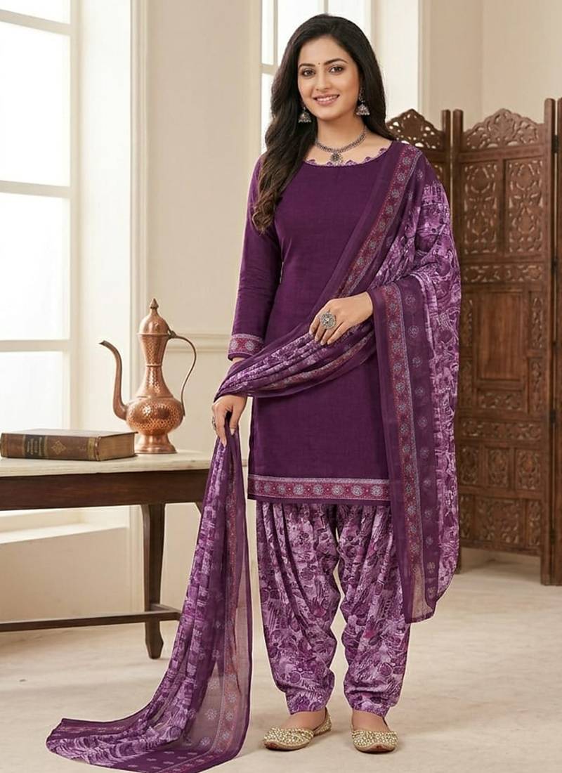 Purple printed cotton blend stitched floral print salwar kurta dupatta for women