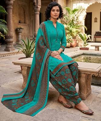 Teal printed cotton blend stitched geometric print salwar kurta dupatta for women 3