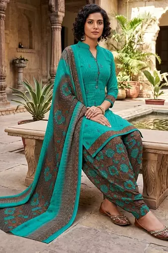 Teal printed cotton blend stitched geometric print salwar kurta dupatta for women