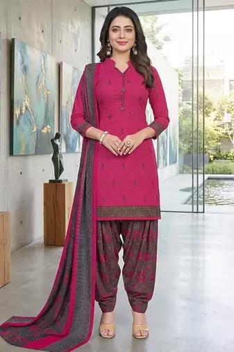 Pink printed cotton blend stitched floral print salwar kurta dupatta for women
