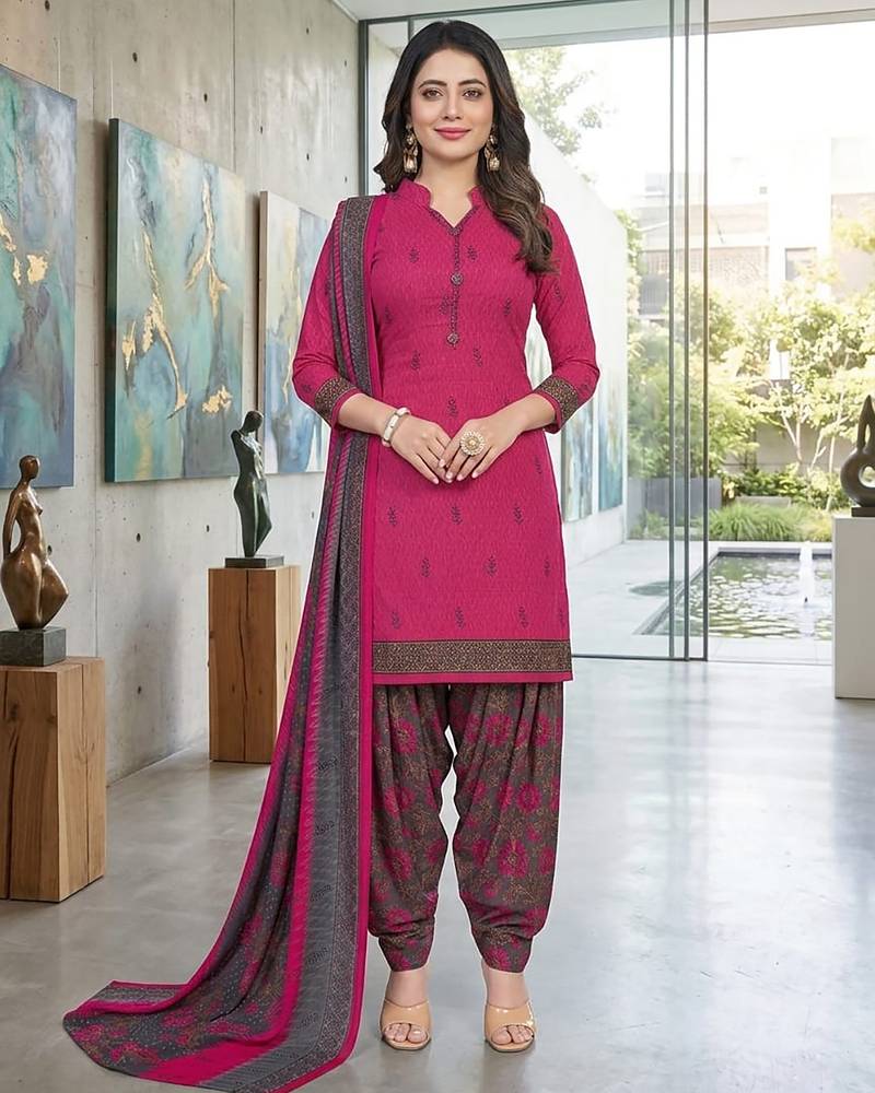 Pink printed cotton blend stitched floral print salwar kurta dupatta for women