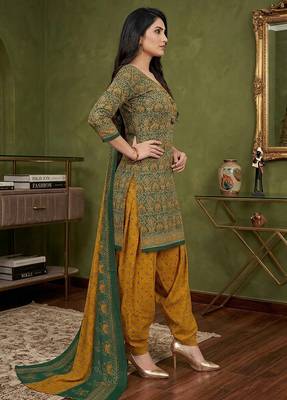 Green printed cotton blend stitched ethnic motifs print salwar kurta dupatta for women 2