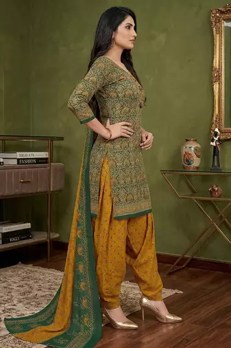 Green printed cotton blend stitched ethnic motifs print salwar kurta dupatta for women