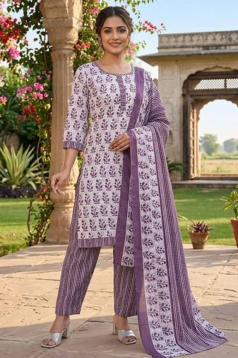 Purple printed cotton blend stitched floral print salwar kurta dupatta for women