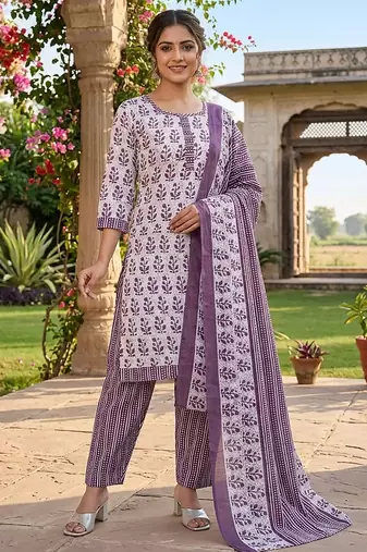 Purple printed cotton blend stitched floral print salwar kurta dupatta for women