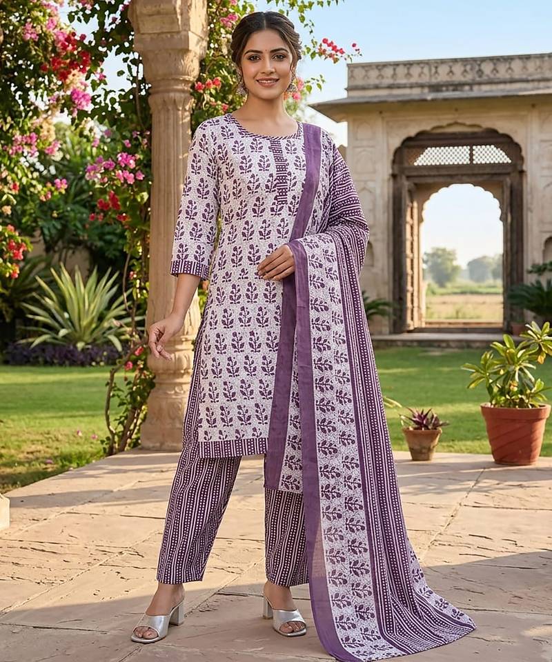 Purple printed cotton blend stitched floral print salwar kurta dupatta for women