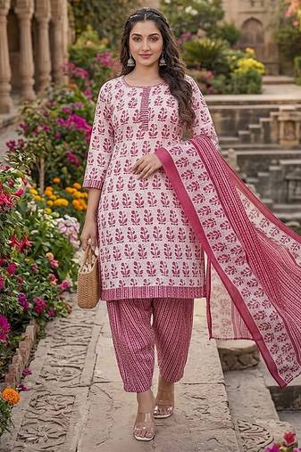 Pink printed cotton blend stitched floral print salwar kurta dupatta for women