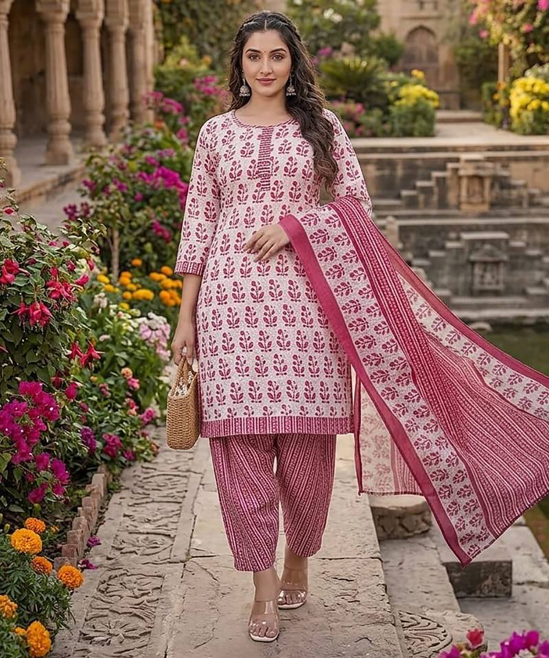 Pink printed cotton blend stitched floral print salwar kurta dupatta for women