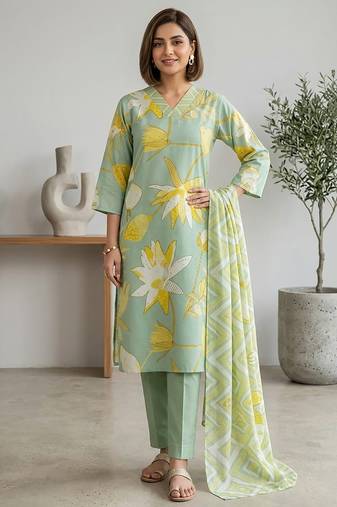 Green printed cotton blend stitched floral print salwar kurta dupatta for women
