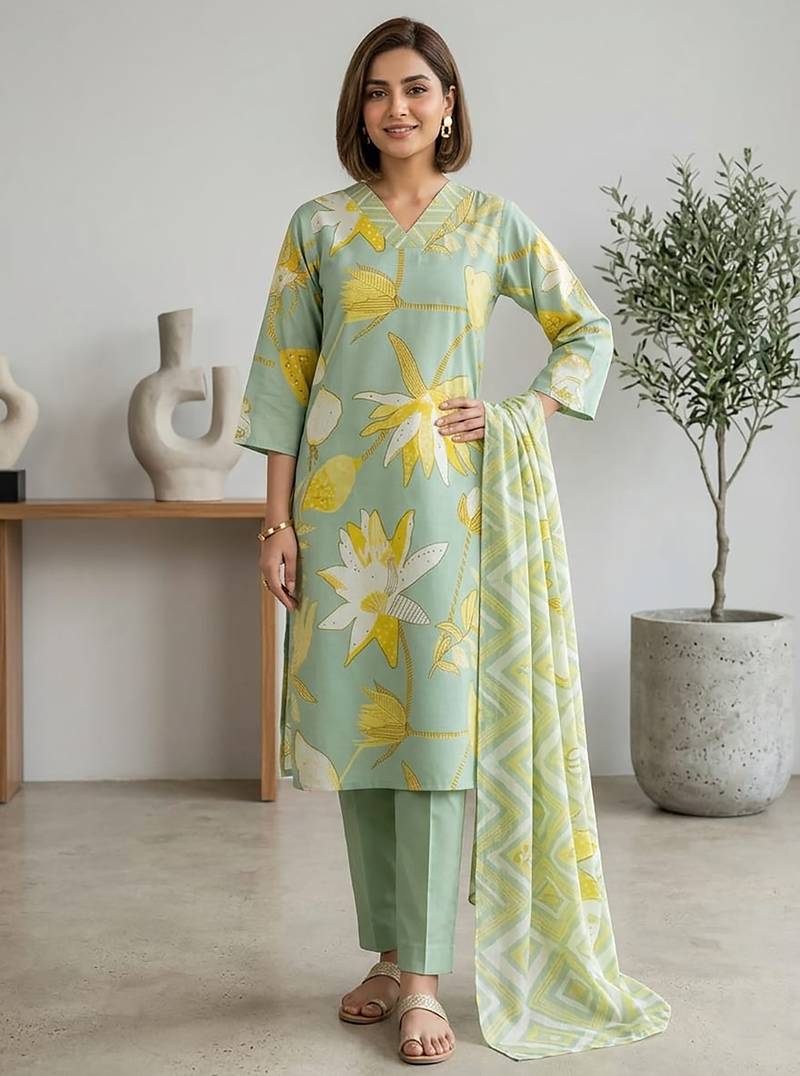 Green printed cotton blend stitched floral print salwar kurta dupatta for women