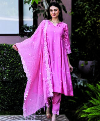pink chanderi straight suit set with fine embroidery
 1