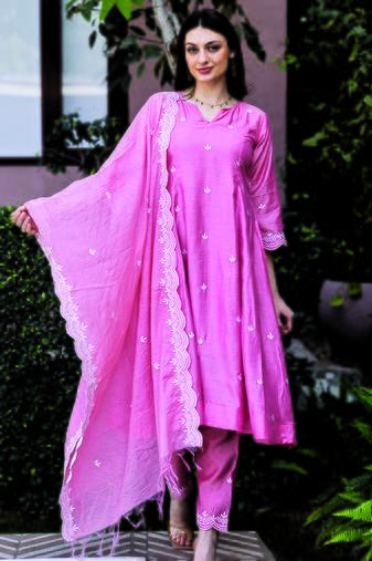 Pink embroidered chanderi straight suit set