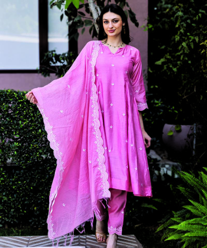 Pink embroidered chanderi straight suit set
