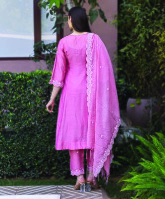 pink chanderi straight suit set with fine embroidery
 3