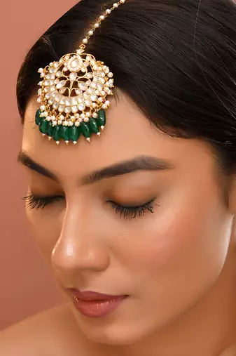 Gold plated kundan green stones Maang Tikka