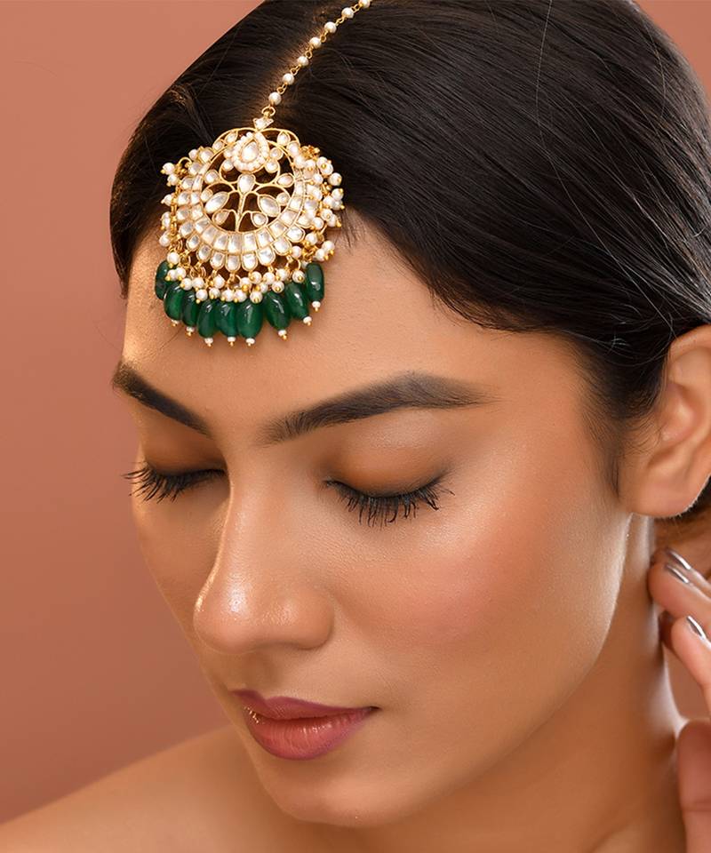 Gold plated kundan green stones Maang Tikka