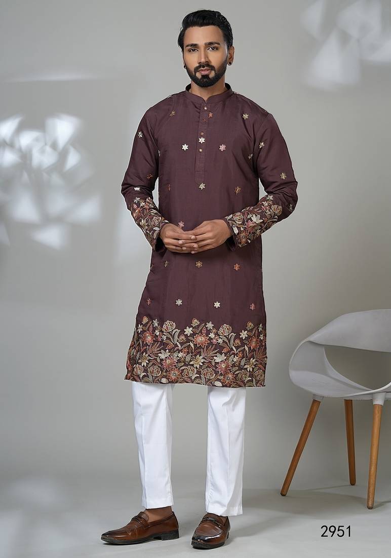 Aesthetic wine color daman embroidery kurta for men | premium designer men's kurta