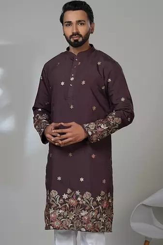 Aesthetic wine color daman embroidery kurta for men | premium designer men's kurta