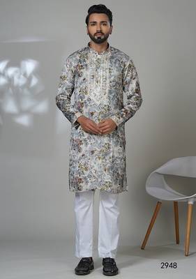 Grey multicolor neck work embroidery print kurta for men | premium designer men's kurta 1