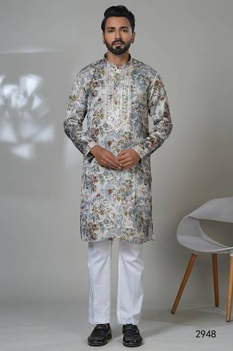 Grey multicolor neck work embroidery print kurta for men | premium designer men's kurta