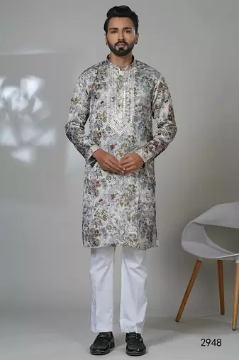 Grey multicolor neck work embroidery print kurta for men | premium designer men's kurta
