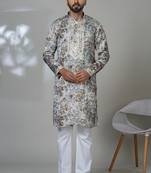 Grey multicolor neck work embroidery print kurta for men | premium designer men's kurta