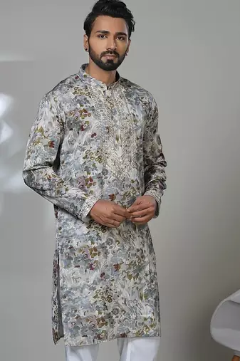 Grey multicolor neck work embroidery print kurta for men | premium designer men's kurta