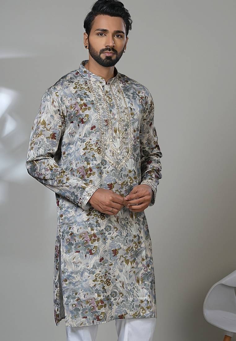 Grey multicolor neck work embroidery print kurta for men | premium designer men's kurta