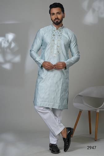 Aesthetic sky blue embroidery kurta for men | premium designer men's kurta