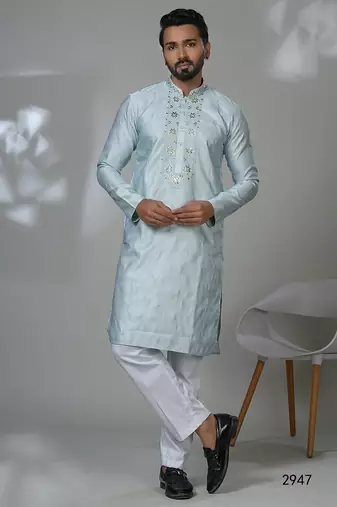 Aesthetic sky blue embroidery kurta for men | premium designer men's kurta