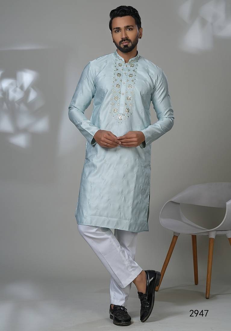 Aesthetic sky blue embroidery kurta for men | premium designer men's kurta