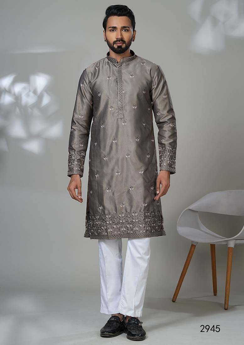 Aesthetic gray daman embroidery kurta for men | premium designer men's kurta