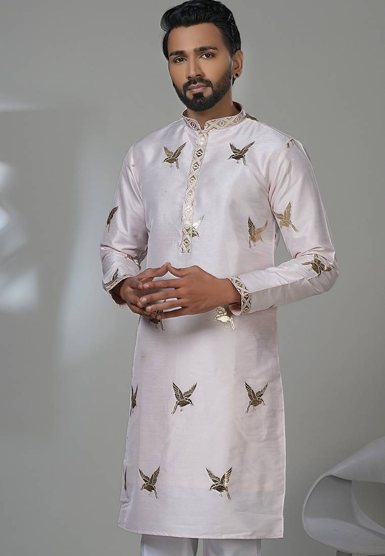 Aesthetic light pink embroidery kurta for men | premium designer men's kurta