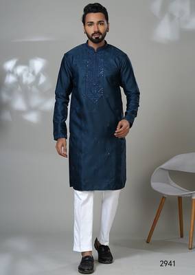 Aesthetic peacock blue neck work embroidery kurta for men | premium designer men's kurta 1