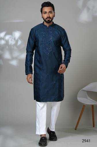 Aesthetic peacock blue neck work embroidery kurta for men | premium designer men's kurta