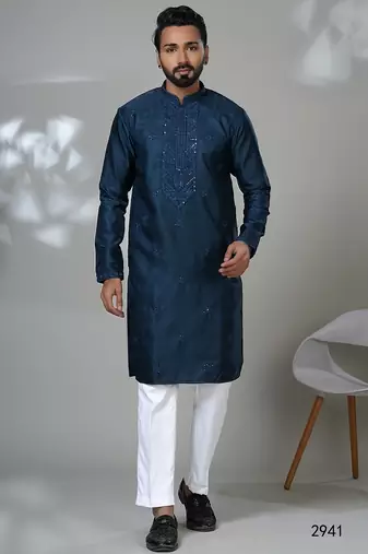 Aesthetic peacock blue neck work embroidery kurta for men | premium designer men's kurta