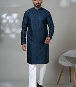 Aesthetic peacock blue neck work embroidery kurta for men | premium designer men's kurta
