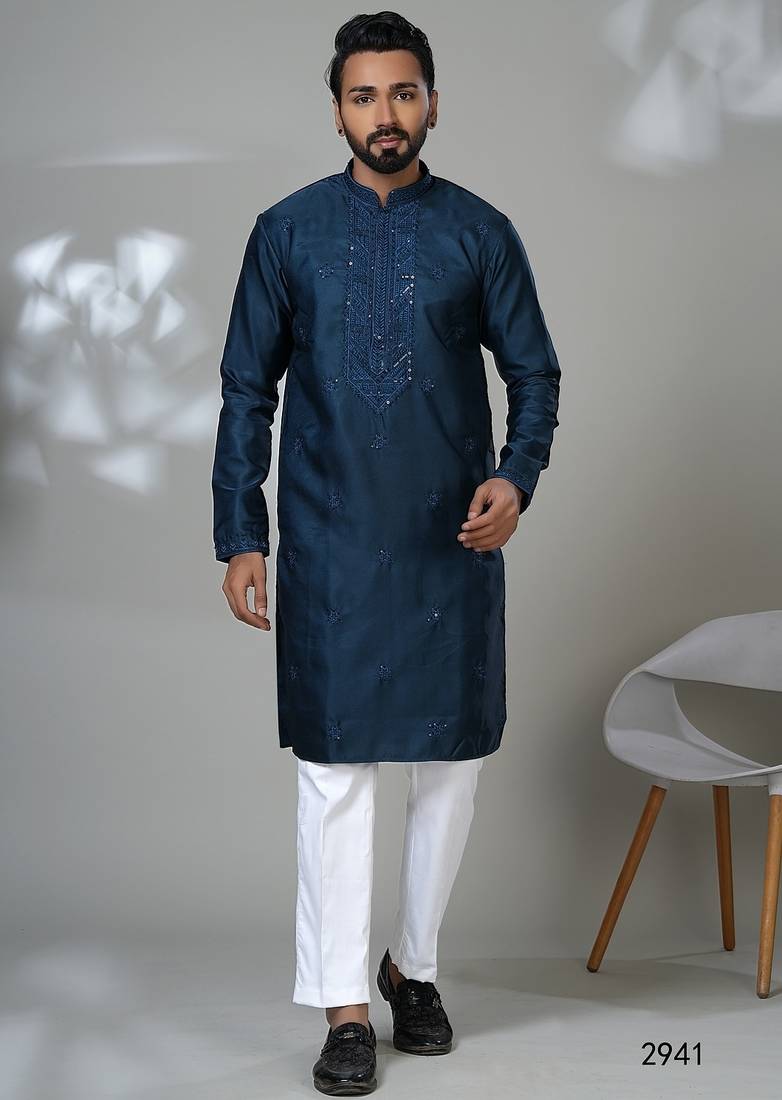 Aesthetic peacock blue neck work embroidery kurta for men | premium designer men's kurta