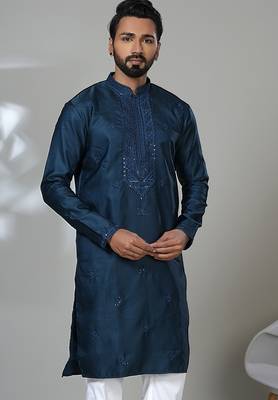 Aesthetic peacock blue neck work embroidery kurta for men | premium designer men's kurta 2