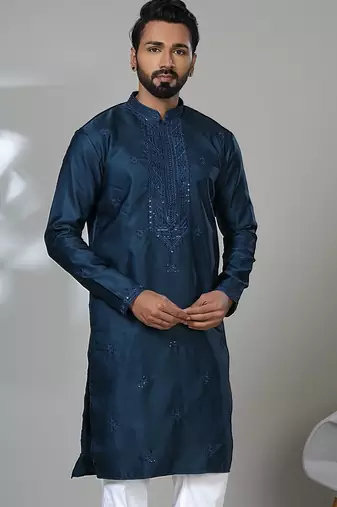 Aesthetic peacock blue neck work embroidery kurta for men | premium designer men's kurta
