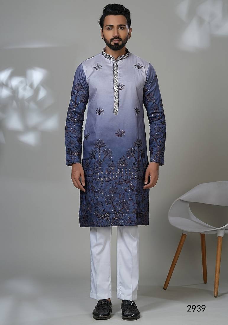 Blue shaded aesthetic embroidery kurta for men | premium designer ethnic wear