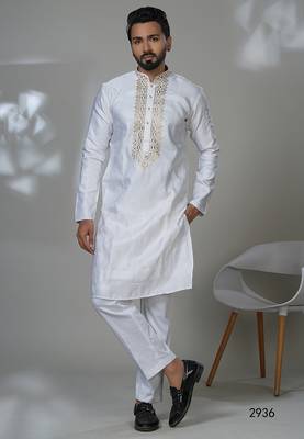 White golden foilneck work kurta for men | premium designer ethnic wear 1