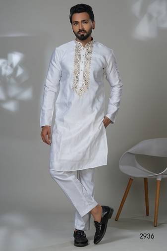 White golden foilneck work kurta for men | premium designer ethnic wear