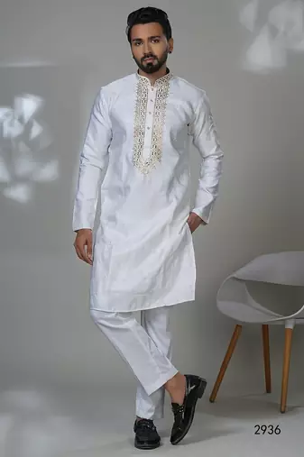 White golden foilneck work kurta for men | premium designer ethnic wear