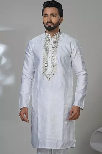 White golden foilneck work kurta for men | premium designer ethnic wear