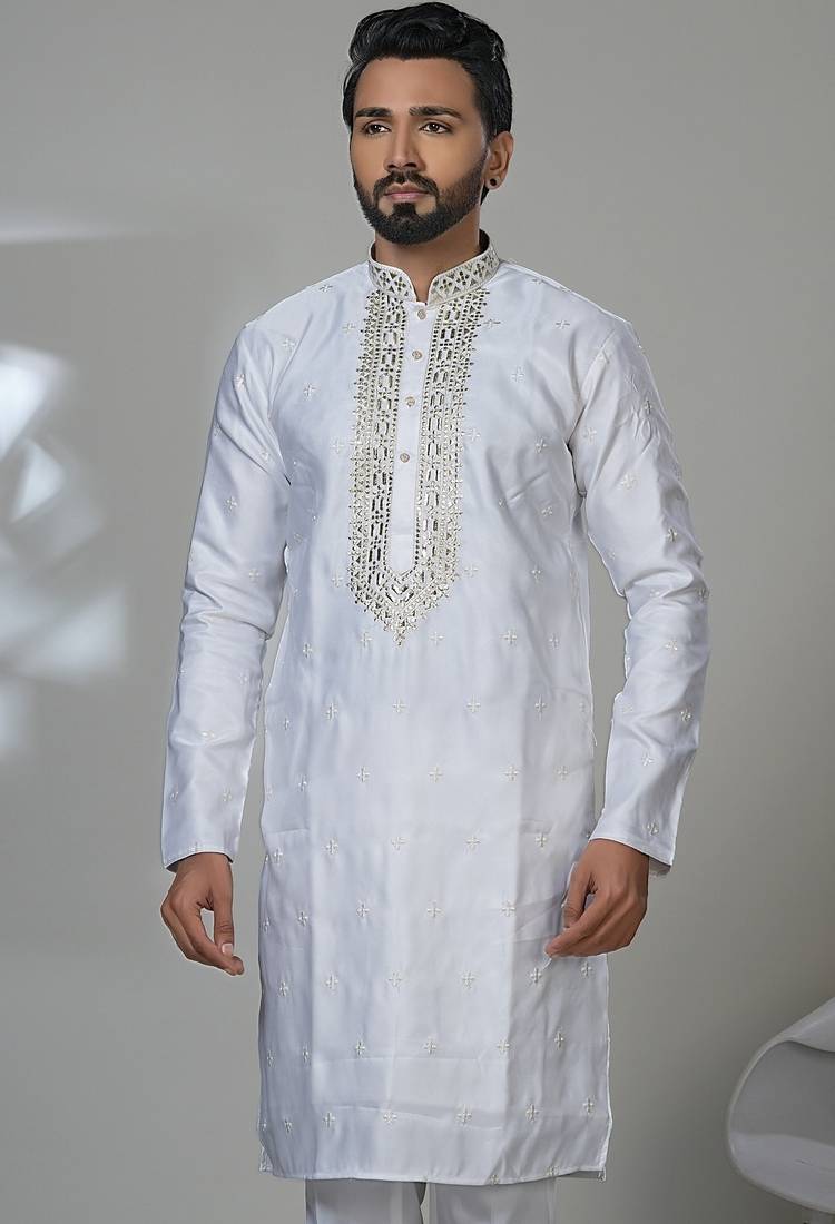 White golden foilneck work kurta for men | premium designer ethnic wear