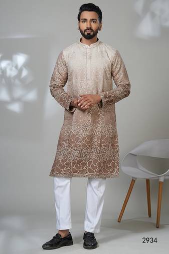 Aesthetic beige shaded embroidery kurta for men | premium designer men's kurta
